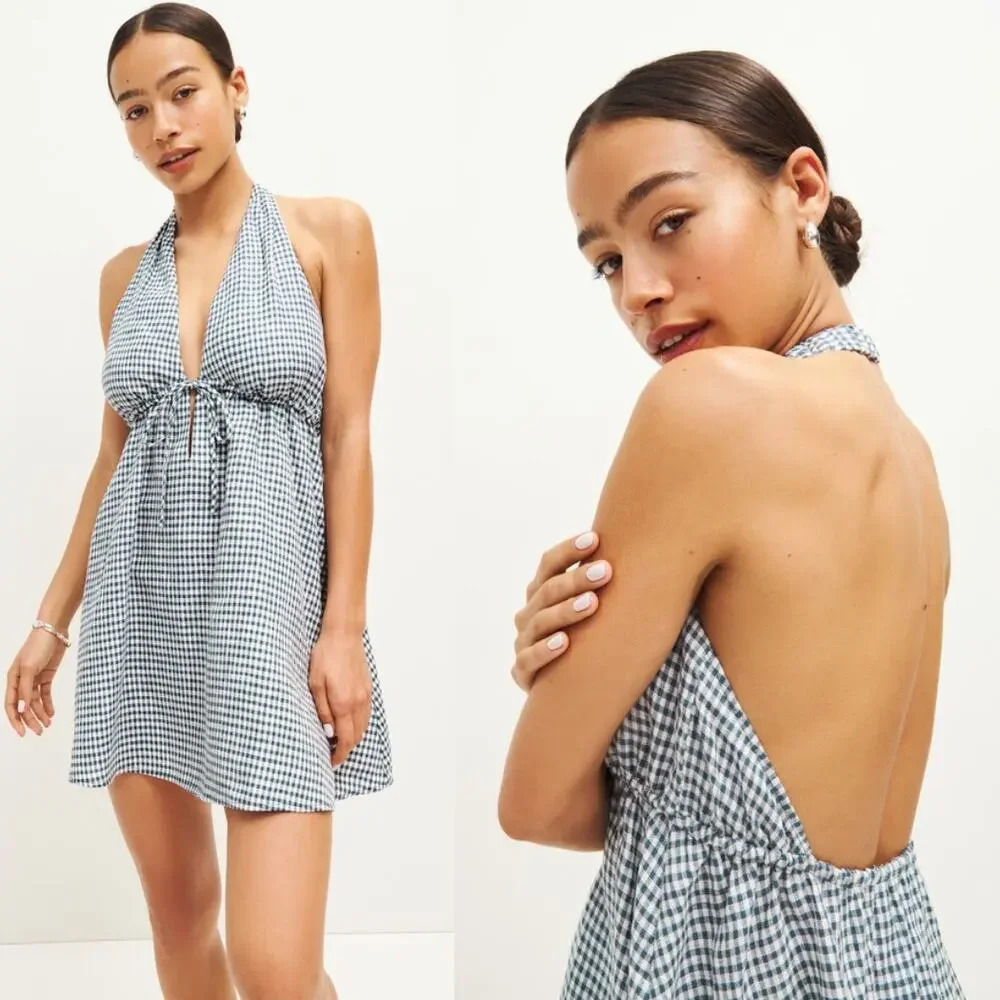 Reformation Black and White Gingham Halter Mini Dress